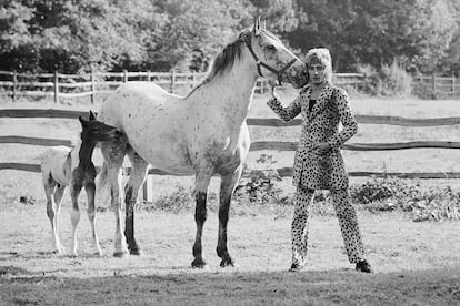 Leopardo. El cantante posando con traje 'animal print' en su casa de Old Windsor (1971).