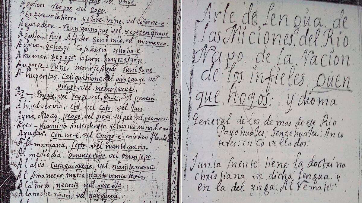 Manuscrito jesuita de 1753 con términos en paikoka, la lengua de los siekopai.