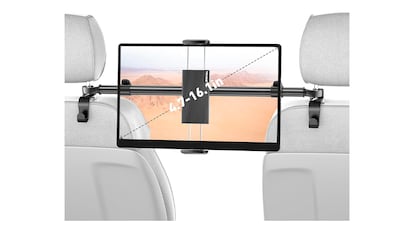 Soporte de tablet para reposacabezas sobre fondo blanco.