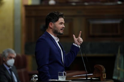 El portavoz de ERC en el Congreso, Gabriel Rufián, interviene en el debate de la moción de censura