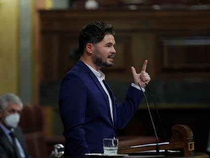 El portavoz de ERC en el Congreso, Gabriel Rufián, en el debate de la moción de censura de Vox.