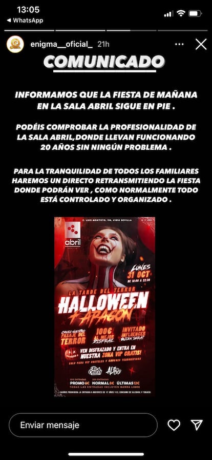 Captura del mensaje de Instagram en el que la empresa Enigma mantiene una fiesta de Halloween para este lunes./ @enigma_oficial_