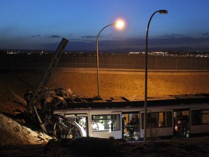 The state of the Metro train after the mysterious crash in which two people dies at the Loranca depot.  