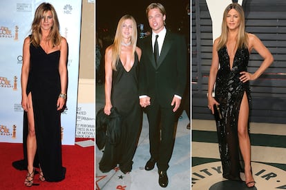 Jennifer Aniston. La actriz ha hecho del negro su mejor aliado en alfombras rojas y eventos y resulta una excepción verla vestida de otro color. Además de haberse puestos infinitos LBD (vestidos cortos negros) en los últimos 20 años –con especial mención a los de cuero–, también es fanática de los diseños largos con idéntica silueta: escote pronunciado y abertura en la pierna. En pelo y maquillaje también se ha mantenido fiel a la melena suelta y al look natural.