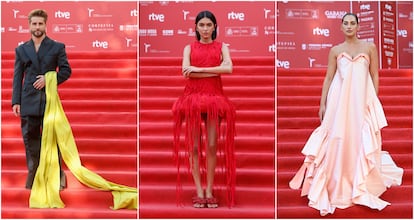 De izquierda a derecha, Pelayo Díaz, Lucía Rivera y Lorena Durán, en la alfombra roja de Premios de la Academia de la Moda Española.