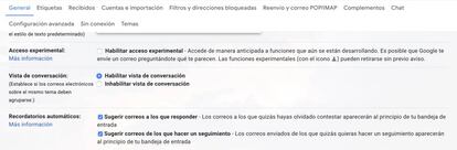 Opciones de configuración de Gmail.