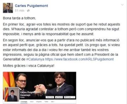 El missatge de Puigdemont a Facebook.