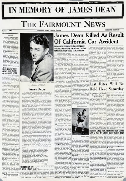 Portada de un periódico de Fairmount, Indiana, donde está enterrado James Dean, informando de la muerte del actor.