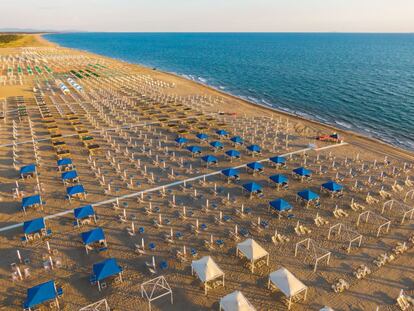 Vista de las filas de sombrillas en la localidad turística toscana de Viareggio, Italia.