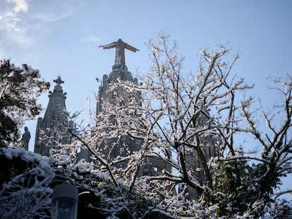 Vegetación cubierta de nieve en la sierra de Collserola vista desde el Tibidabo, este lunes.