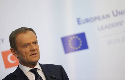 El presidente del Consejo Europeo, Donald Tusk, antes de una conferencia de prensa en la residencia Euxinograd cerca de Varna (Bulgaria) este 26 de marzo.