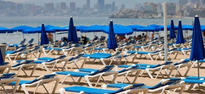 Empty sun loungers in the popular tourist destination of Benidorm on August 1.