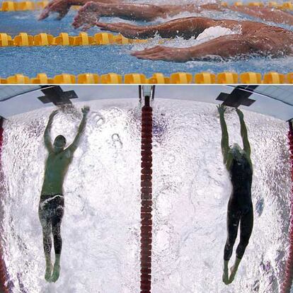 Arriba, los brazos estirados de Michael Phelps, en la parte superior de la imagen, y de Cavic en la recta final de los 100m mariposa. Abajo, los dos nadadores (Phelps a la izquierda) en el momento de la llegada.