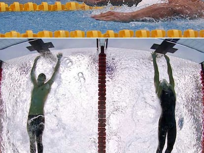 Arriba, los brazos estirados de Michael Phelps, en la parte superior de la imagen, y de Cavic en la recta final de los 100m mariposa. Abajo, los dos nadadores (Phelps a la izquierda) en el momento de la llegada.