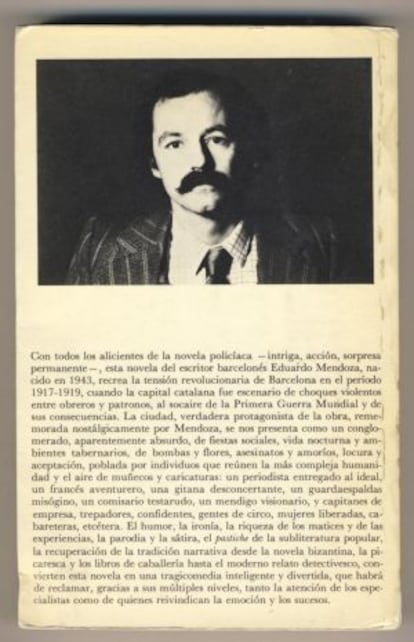 Contraportada de la primera edición de La verdad sobre el caso Savolta, de Eduardo mendoza.