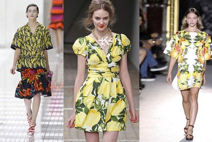 Plátanos, limones y naranjas convierten las colecciones de primavera en una frutería. De cítricos ya no solo se utilizan los jugos para teñir la ropa, el propio perfil de las frutas se estampa en los diseños de Prada, Moschino Cheap&Chic o Stella McCartney. Miuccia Prada salió a saludar tras su desfile con unos pendientes plátano que suscitaron tantos comentarios como sus estampados de monos.