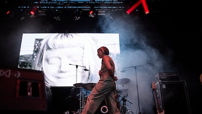 MADRID, SPAIN - MAY 13: The singer Cris Lizarraga during a concert of the musical group Belako for the San Isidro Festivities, in the Vistillas Garden, on 13 May, 2022 in Madrid, Spain. Belako is a Biscayan quartet of rock, post punk and electronic music. In 2017 they received three Independent Music Awards: best artist, best live performance and best video clip. The term 'Belako' refers to the neighborhood of Mungia, in the province of Vizcaya, where they rehearse and where two components of the band, Josu and Lore, are from. (Photo By Jesus Hellin/Europa Press via Getty Images)