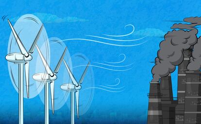 Wind turbines against fuel coal power plant