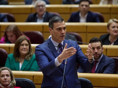 El presidente del Gobierno, Pedro Sánchez, durante su intervención de hoy en el Senado.