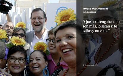 El presidente del Gobierno, Mariano Rajoy, se fotografía con varias simpatizantes a su llegada al mitin del PPC que se celebró el 20 de septiembre en Badalona, el último domingo de campaña para las elecciones del 27S.
