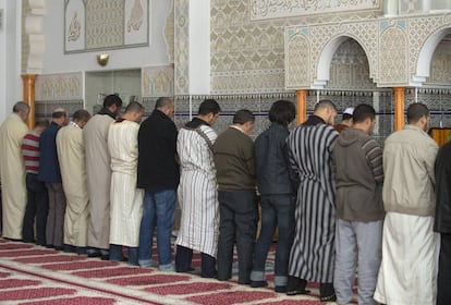 Alumnos del curso de retórica árabe para ímanes de la Federación de Entidades Islámicas rezan en la mezquita del municipio valenciano de L'Alcúdia.