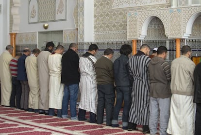 Alumnos del curso de ret&oacute;rica &aacute;rabe para &iacute;manes de la Federaci&oacute;n de Entidades Isl&aacute;micas rezan en la mezquita del municipio valenciano de L&#039;Alc&uacute;dia. 