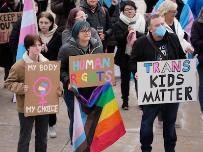 People gather in support of transgender youth during a rally at the Utah State Capitol Tuesday, January 24, 2023, in Salt Lake City.