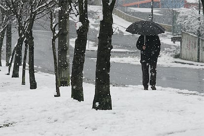 Un hombre camina bajo la nieve durante el temporal que azotó el País Vasco, y fundamentalmente Vizcaya, a fines de enero.