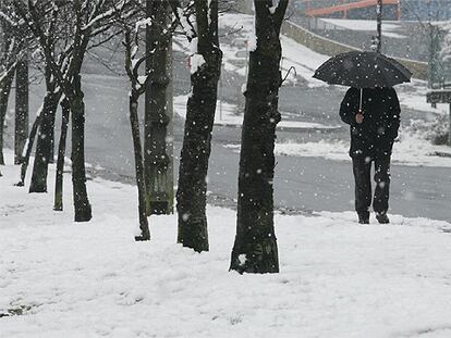 Un hombre camina bajo la nieve durante el temporal que azotó el País Vasco, y fundamentalmente Vizcaya, a fines de enero.