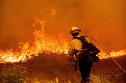 Un bombero combate las llamas del incendio Caldor, California