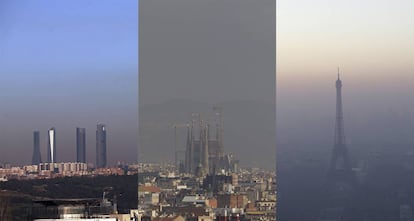 La contaminación sobre Madrid, Barcelona y París.