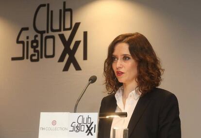 Isabel Díaz Ayuso, candidata del PP a la Comunidad de Madrid, el miércoles en el Club siglo XXI.