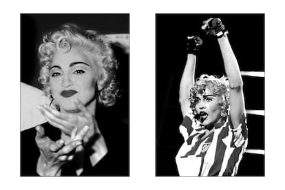 A la izquierda, un retrato de Madonna en un camerino antes de su actuación en el estadio Vicente Calderón de Madrid, el 29 de julio de 1990. A la derecha, la cantante durante el concierto.