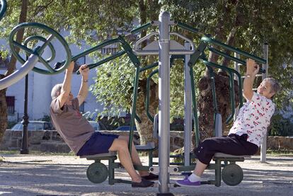 Mayores haciendo ejercicio en un parque de Madrid.