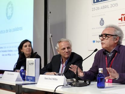 In&eacute;s Fern&aacute;ndez-Ord&oacute;&ntilde;ez, &Aacute;lex Grijelmo y Juan Jos&eacute; Mill&aacute;s, en el Foro Internacional del Espa&ntilde;ol. 