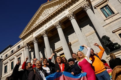 Activistas LGTBI celebran en las puertas del Congreso la aprobación de la 'ley trans', este jueves. 