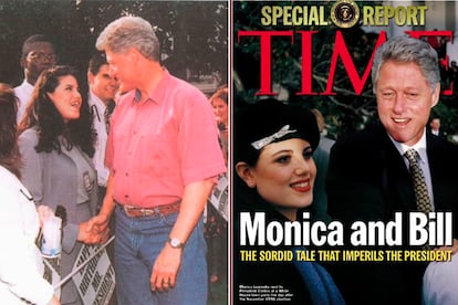 A la izquierda, la primera fotografía del presidente Bill Clinton junto a Lewinsky, tomada el 10 de agosto de 1995. A la derecha, la portada de Time en la que aparecería la famosa boina negra de la que tanto se arrepiente haber vestido y con la que se le ha caracterizado de forma paródica durante años.