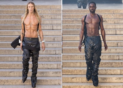 Dos declinaciones del pantalón de cuero abrieron el desfile de Rick Owens en el Palais de Tokyo.