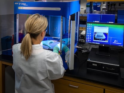 Una científica del CDC estadounidense trabaja junto a una estación de biología molecular.