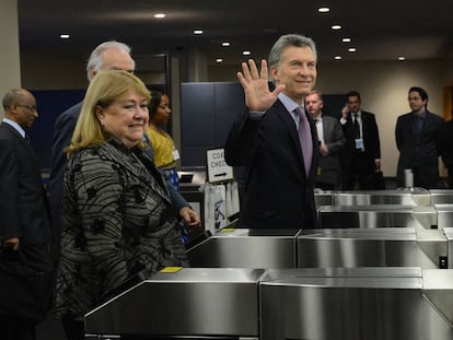 Mauricio Macri y su canciller, Susana Malcorra, ingresan a la sede de Naciones Unidas en Nueva York.