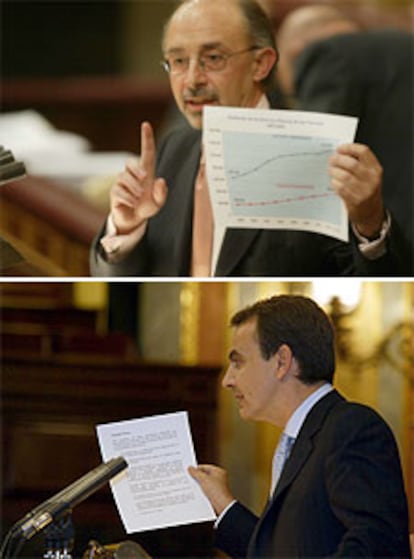 Montoro, en la imagen superior, y Rodríguez Zapatero, ayer durante el debate de los Presupuestos para 2004.