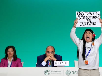 La activista climática Licypriya Kangujam, durante una protesta en la COP28.