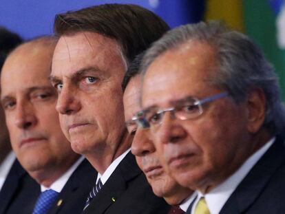 Onyx, Bolsonaro, Mourão e Guedes, no Planalto.