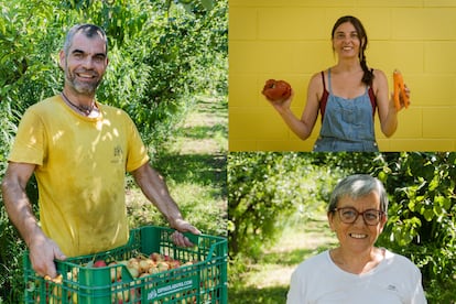 Desde la izquierda, Pere Campiñez, técnico de Espigoladors; Mireia Barba, cofundadora y presidenta de la organización, y María Piñol, voluntaria desde 2019.