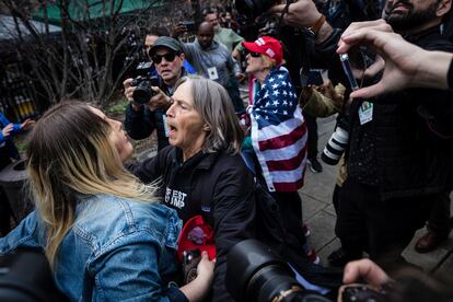 Protesters argue at the Collect Pond Park across the street from the Manhattan District Attorney's office in New York on Tuesday, April 4, 2023