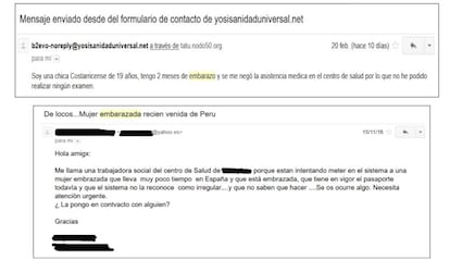 Ejemplos de correos electrónicos de embarazadas no atendidas en Madrid recibidos en el buzón de Yo Sí Sanidad Universal.