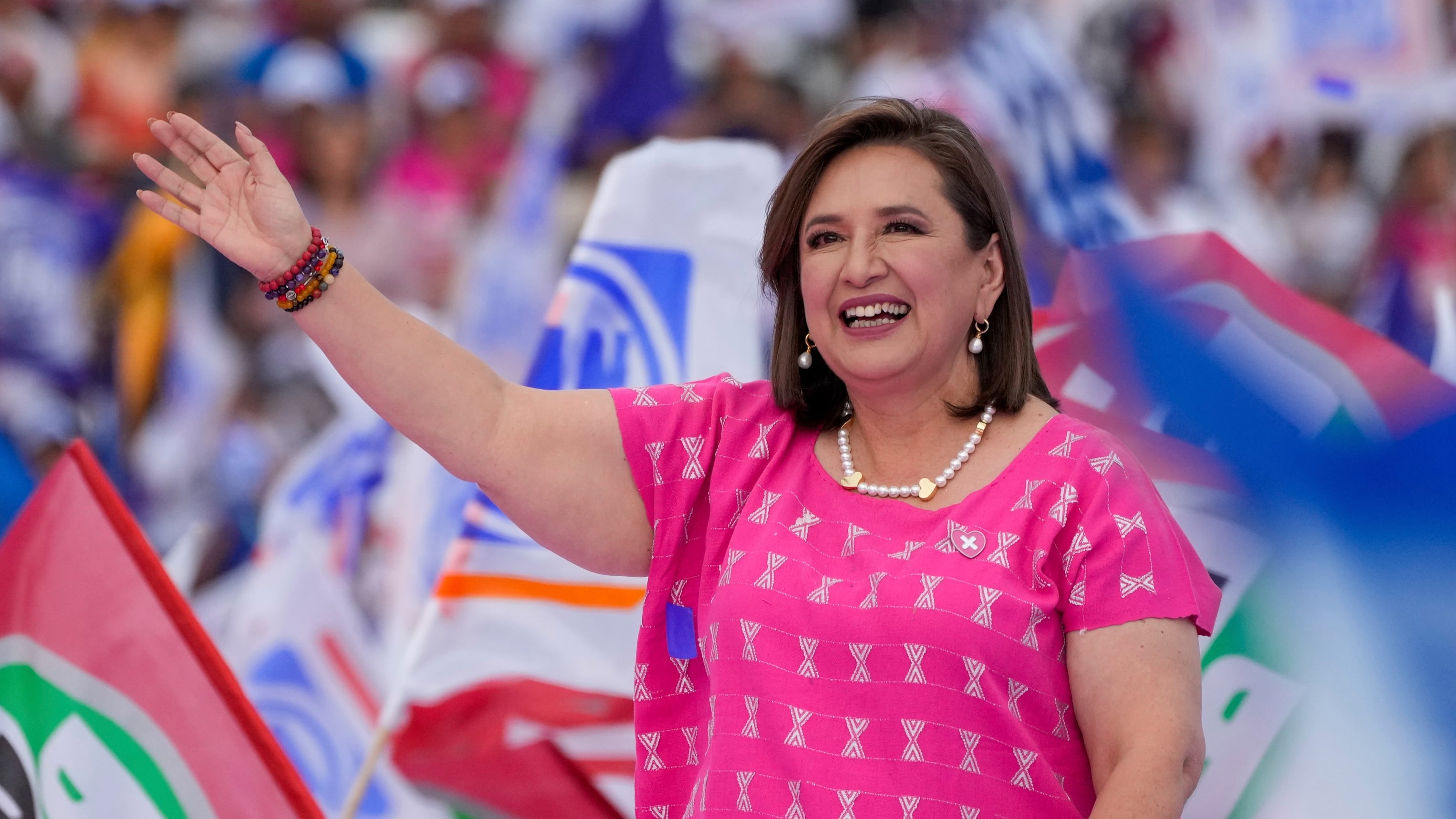 Presidential candidate Xóchitl Galvez waves during her opening campaign rally in Irapuato, Mexico, Friday, March 1, 2024. General Elections are set for June 2.(AP Photo/Fernando Llano)