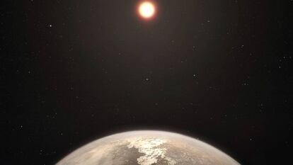 Reconstituição artística do planeta temperado Ross 128 b.