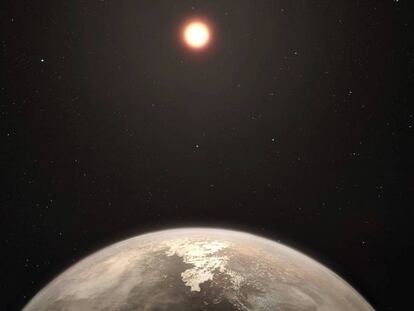 Reconstituição artística do planeta temperado Ross 128 b.