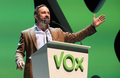 Santiago Abascal, el presidente de Vox, en el palacio de Vistalegre el pasado domingo.